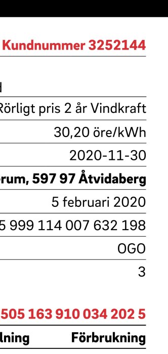 Elräkningsinformation med kundnummer, pris per kWh för vindkraft, adress, datum och OCR-nummer.