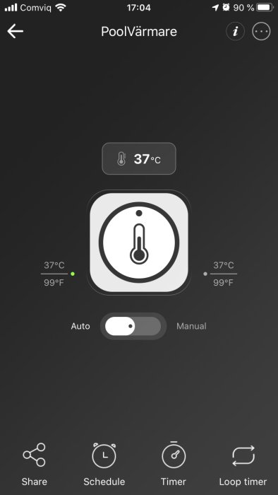 Smartphone-app för poolvärmare som visar temperaturinställning på 37°C och alternativ för automatisk eller manuell styrning.