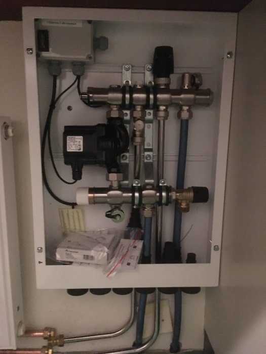 Installationsbox med olika rörkopplingar och en elcentral, tecken på en avslutad installation.