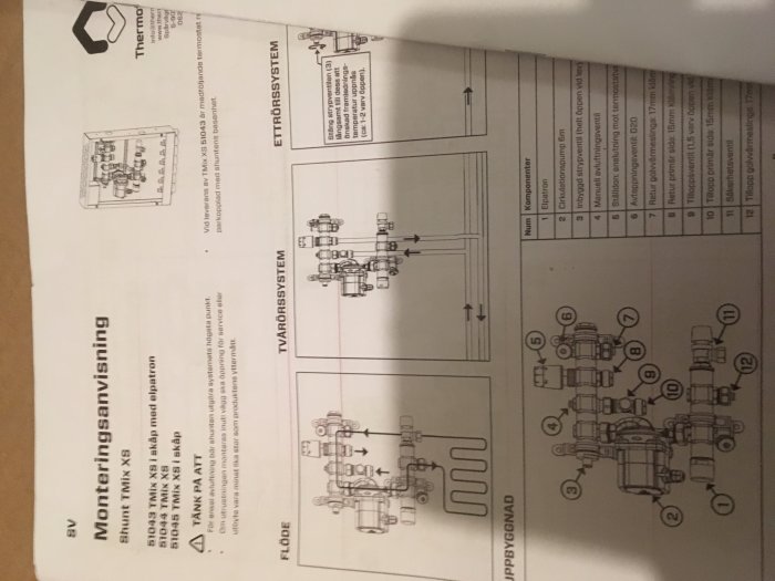 Monteringsanvisning för ett värmesystem med diagram och text, liggande orientering.
