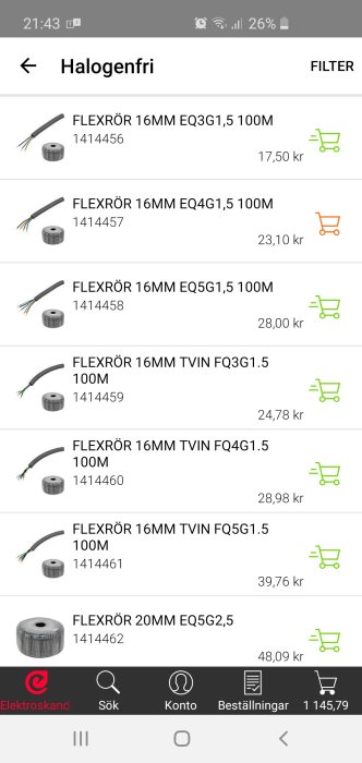 Skärmbild av en webshop med olika flexrör för elinstallationer och deras priser.