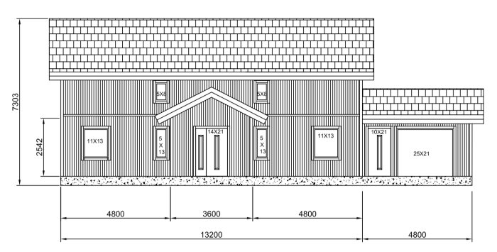 Arkitektonisk fasadritning av ett hus med dimensioner för fönster och dörrar inklusive ett flyttat sovrumsfönster och en ny pardörr.