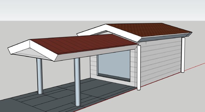 3D-skiss av en isolerad friggebod med skärmtak för bilparkering.