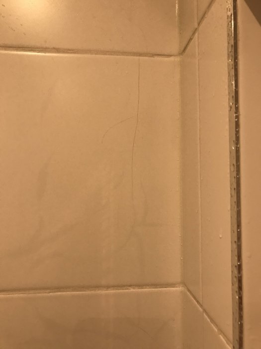 Beige kakelvägg i badrum med sprickor och fuktrester vid silikonfog.