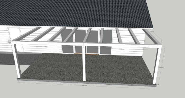 Pergolan 3D-suunnitelma, jossa 150x150 mm liimapuupylväitä ja puurakenteinen katto, tarkoitettu puoliksi pleksikaton alle. Rakennettu talon terassille.