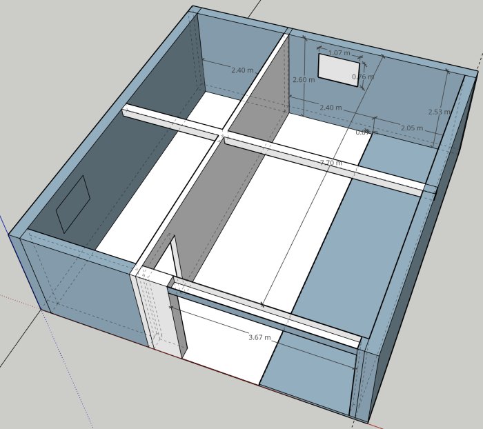 3D-modell av ett verkstadsutrymme i SketchUp med olika golvhöjder och måttangivelser.