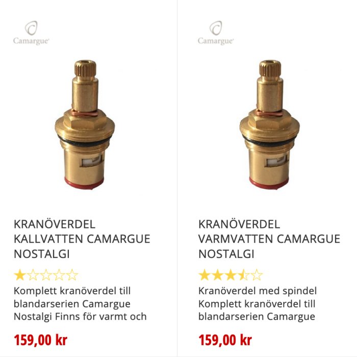Två bilder på Camargue kranöverdelar för kallt och varmt vatten, guldtonade med priset och betyg visas.
