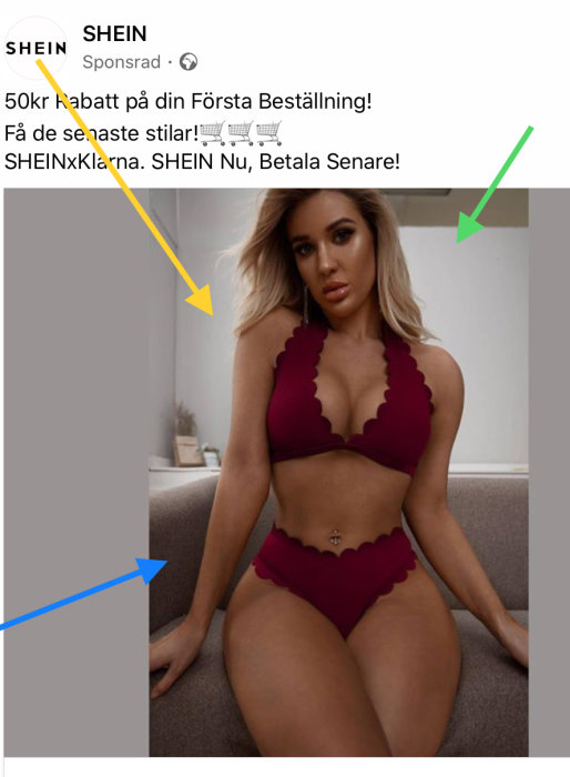 Kvinna i röd bikini med vågiga kanter poserar mot en neutral bakgrund.