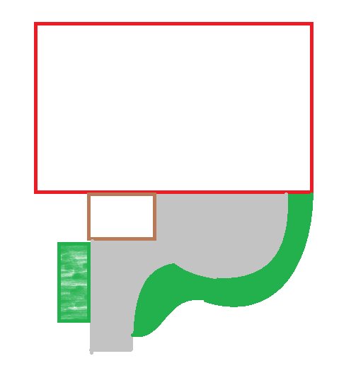 Schematisk bild som visar ett hus med stenläggning intill och grönt gräs runt omkring.