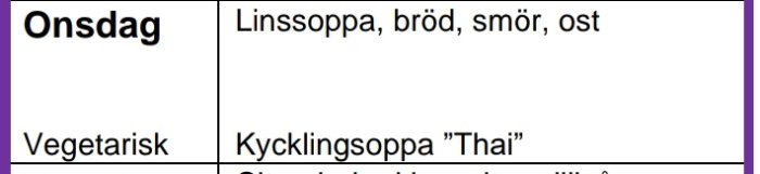 Skolans matsedel som visar "Onsdag" med alternativen "Linssoppa, bröd, smör, ost" och "Kycklingsoppa 'Thai'".