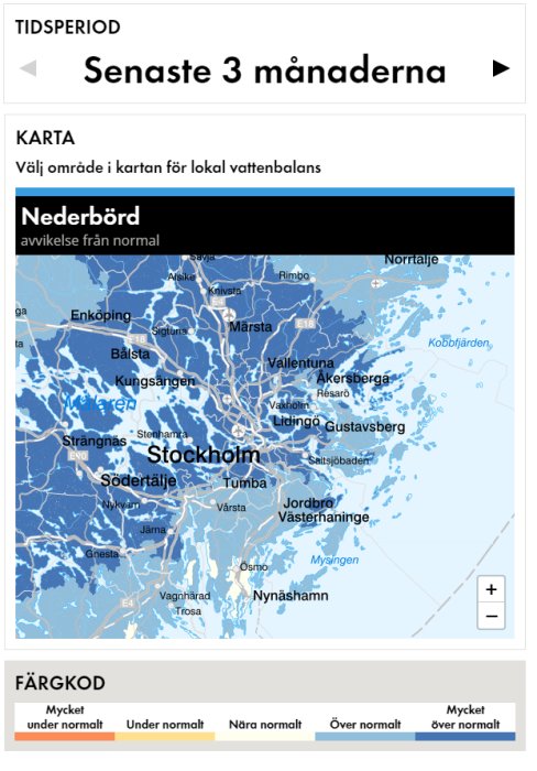 Karta över Stockholm med markerade nederbörd avvikelser från normalt, varierande från "Mycket under normalt" till "Mycket över normalt".