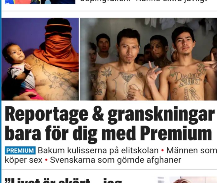 Sammansättning av två bilder, en med en person med tatueringar som håller ett barn, och en med två män som visar upp sina tatueringar.