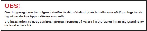 Instruktionsutdrag om att installera nödöppningshandtag i garage utan sidodörr