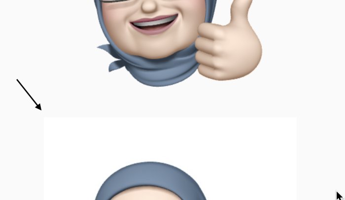 Två bilder av emoji med huvudduk som ger tummen upp, övre med transparent och undre med vit bakgrund, pil pekar på vit ruta.