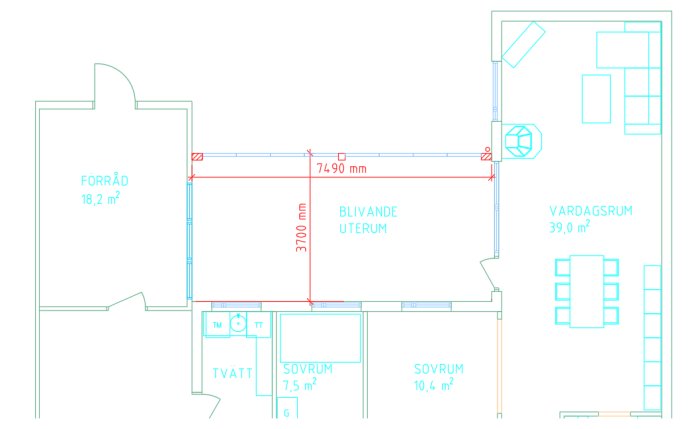 Arkitektonisk plan med mått för ett blivande uterum intill en bostadsyta.