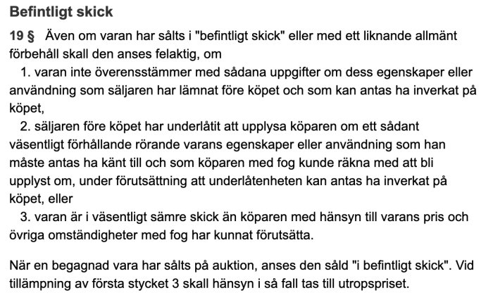 Skärmdump av text om "befintligt skick" med paragraf 19 från den svenska köplagen, relaterad till reklamation av varor.