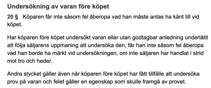 Skärmbild av lagtext om undersökning av vara före köp ur Köplagen, rubrikad "Undersökning av varan före köpet".