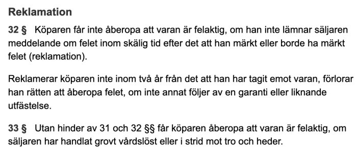 Textutdrag ur köplagen om reklamation, inklusive paragraferna 32 och 33 som definierar regler för fel och reklamationstider.