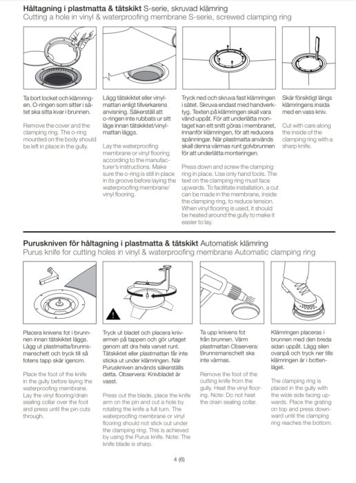 Illustration av instruktioner för montering och tätning med Purus skruvad klämring och kniv för plastmattor.