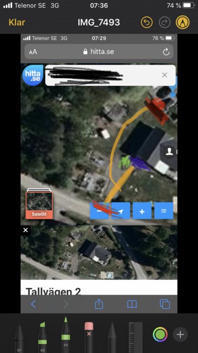 Skärmdump av satellitkarta med markeringar och teckningar som visar planering för ett byggprojekt.