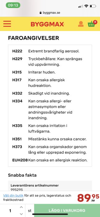 Skärmdump av varningsstämplar och hälsofaraangivelser för en byggprodukt på Byggmax hemsida.