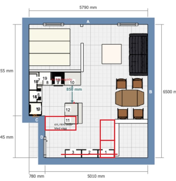 Ritning av hall med fullbreddsgarderober, flera väggytor för upphängning och dolt allrum.