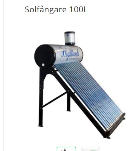 En solfångare på 100 liter med en integrerad tank och rör, avsedd för uppvärmning av varmvatten.