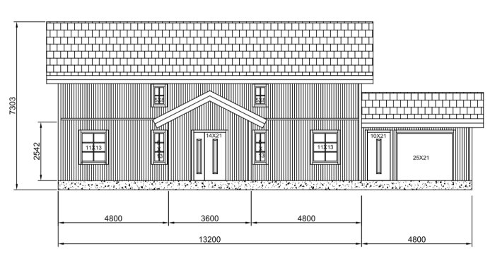 Arkitektritning av husfasad med uppdaterade mått för trappa, breddade altandörrar och omplacerade fönster med spröjs.