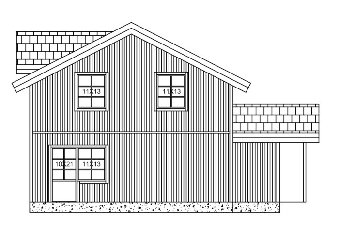 Arkitektritning av en husfasad med uppdaterade mått på fönster och dörrar, inklusive spröjsade fönster.