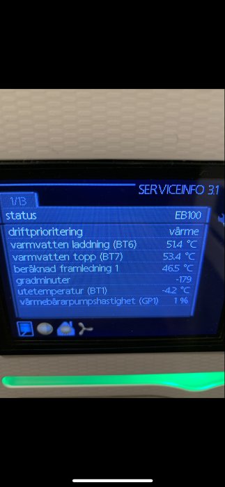 Display av värmepump med temperaturvärden och statusmeddelanden för felsökning.