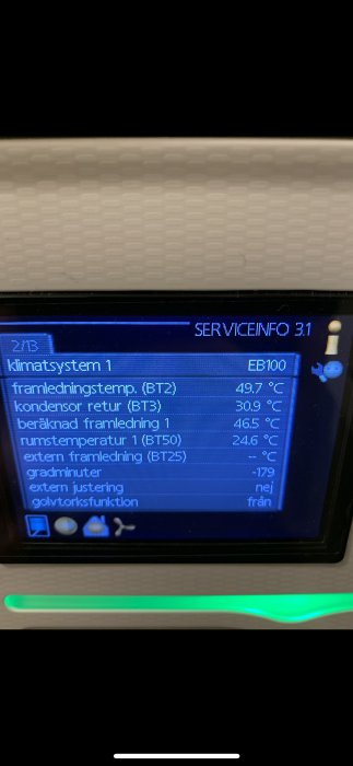 Digital display av en värmepump som visar olika temperaturvärden och inställningar.