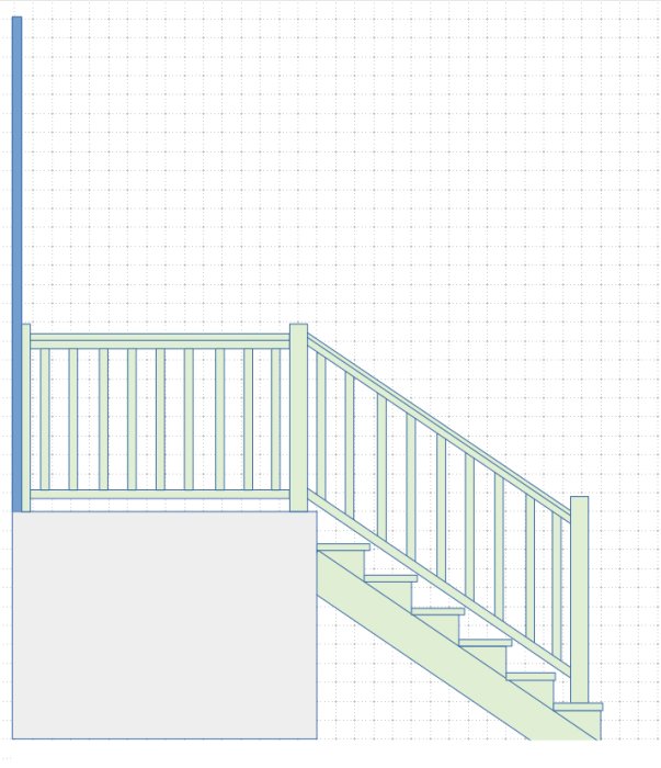 Skalenlig ritning av temporärt trädäck och tryckimpregnerat träräcke vid betongklump och trappa.