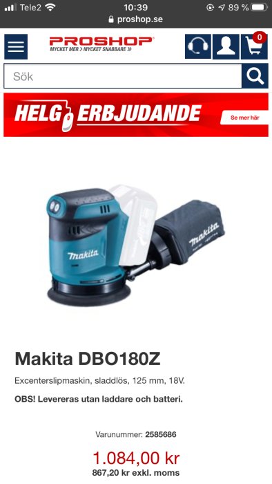 Makita DBO180Z sladdlös excenterslipmaskin på Proshop.se med pris och information om att den levereras utan laddare och batteri.