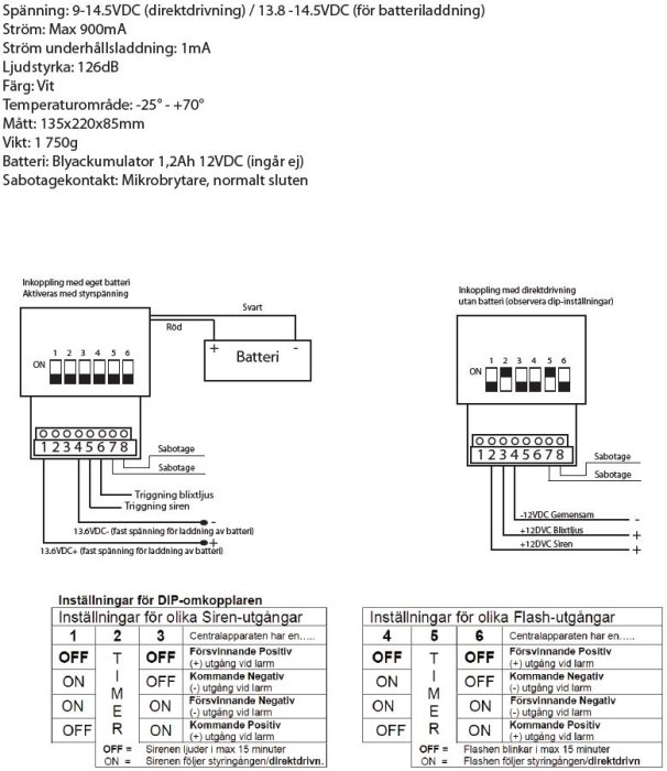 Diagram över kopplingsinstruktioner för en inomhussiren och utomhussiren, inklusive specifikationer och DIP-switches inställningar.