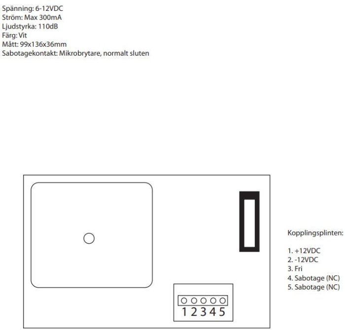 Schablonbild av inomhussiren SD110W med tekniska specifikationer och kopplingssplint.