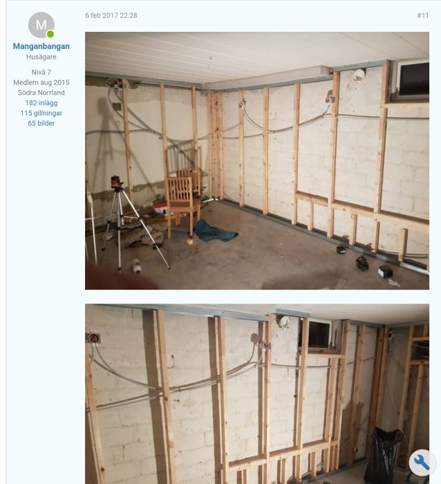 Renoveringsarbete med nyinstallerade träreglar på en betongvägg i ett tomt rum.
