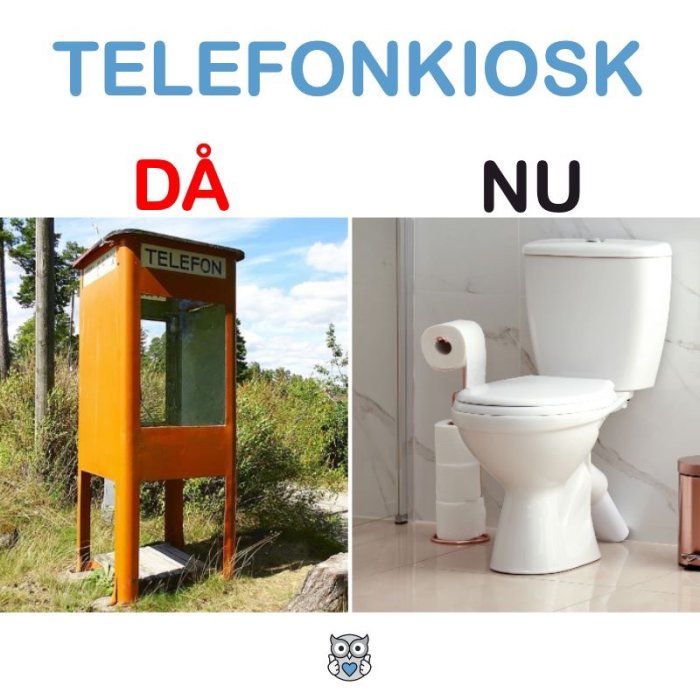 Jämförelse mellan gammal orange telefonkiosk i naturen och modernt vitt toalettstol i badrum.