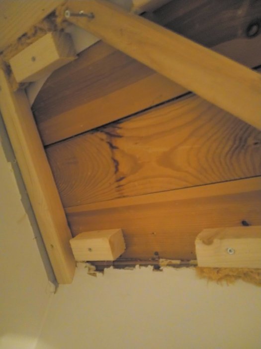 Uppifrån syn på träspont och takbjälkar med fuktfläckar, isolering syns delvis.