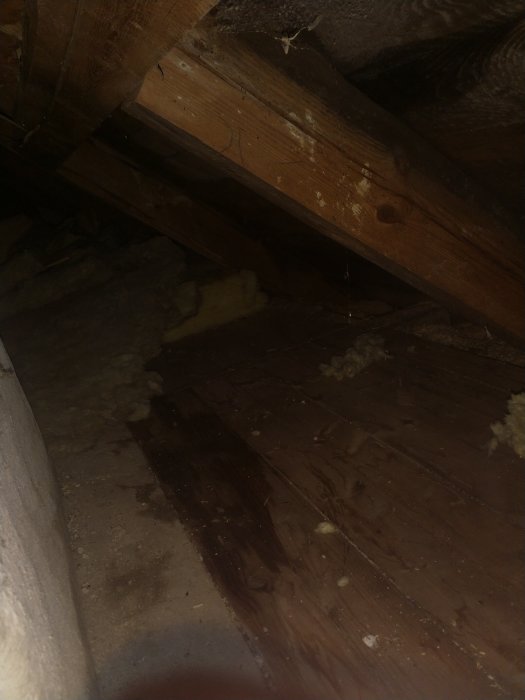 Mörk och trång vind med träbjälkar och gammal isolering spridd på golvet, tecken på fuktskador och vatteninläckage.