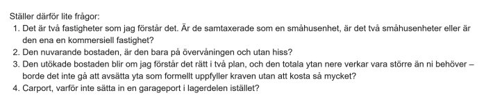 Skärmdump av ett diskussionsinlägg med frågor gällande byggprojekt, bostadsplaner och carport på ett renoveringsforum.