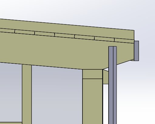 Cad-ritning av ett förråds hörn med pulpettak, väggstolpar och takbjälkar utan isolering.