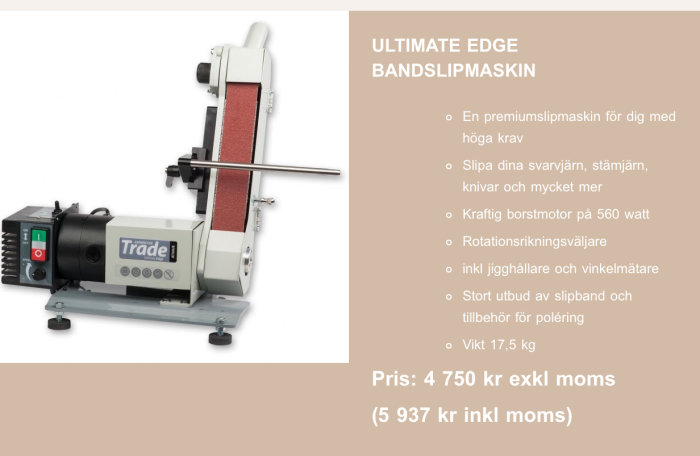 Bandslipmaskin för verktygsslipning med justerbara stöd och slipband, modell Trade.