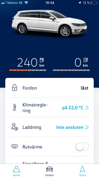 Skärmavbild av en fordonsövervakningsapp med en GTE-bil, visar kvarstående räckvidd och laddningsstatus.