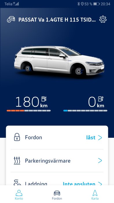 Bil-app visar en vit Passat och status för parkeringsvärmare, laddning och räckvidd.