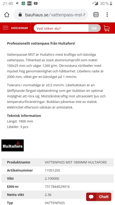 Skärmdump av en produktsida för Hultafors vattenpass MST 1800mm, teknisk specifikation och köpknapp synliga.