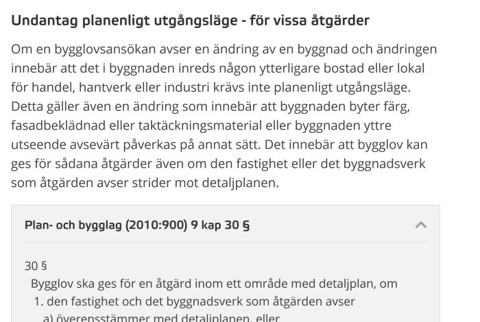 Skärmdump av en text om undantag för planenligt utgångsläge från Plan- och bygglagen.