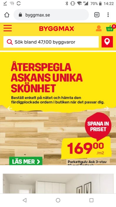 Reklam för parkettgolv med texten "Återspegla Askans Unika Skönhet", prisinformation, och ett urval av träplankor.