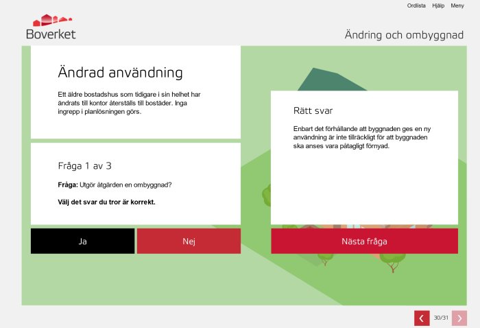 Webbsida från Boverket om ändrad användning som visar fråga och svar om ombyggnadskrav.