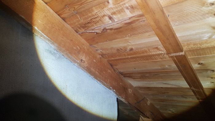 Kallvind med sågspån på golvet och träbjälkar, synliga fläckar nära skorstenen som kan tyda på fukt.