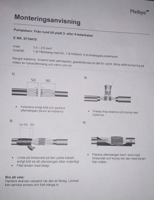 Instruktionsblad för att montera en pumpskarv, med text och illustrationer av stegen för anslutning av rund till platt kabel.